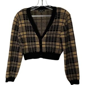 Love Tree Jr Sz M  Plaid Cropped Cardigan Sweater Tan Black V-Neck Size M 9986WY